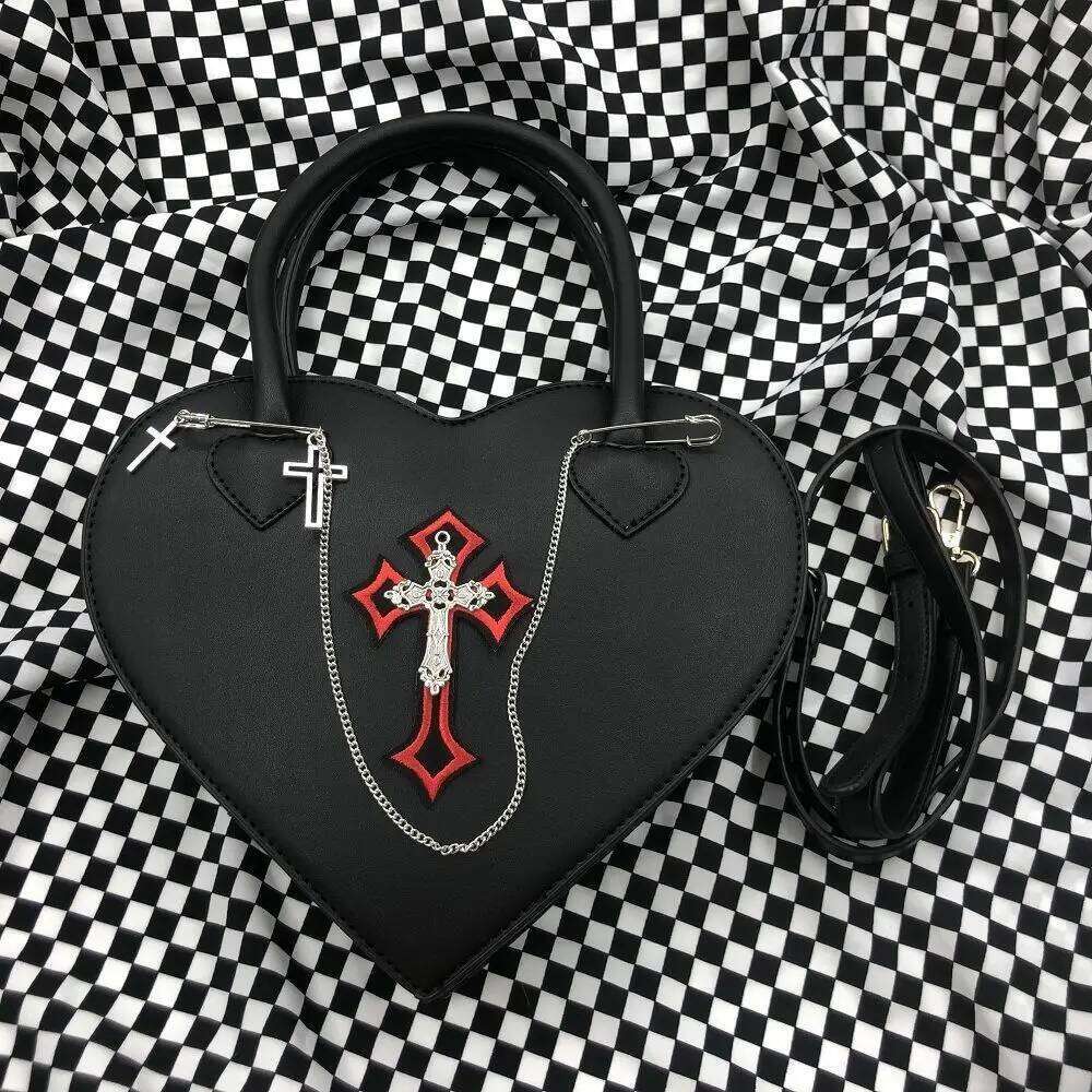 Gothic Style Women's Love Heart Purse Handbags Y2k Hot Girls Punk Shoulder Bag Metal Decoration Female Black Cool Messenger Bags Y260205