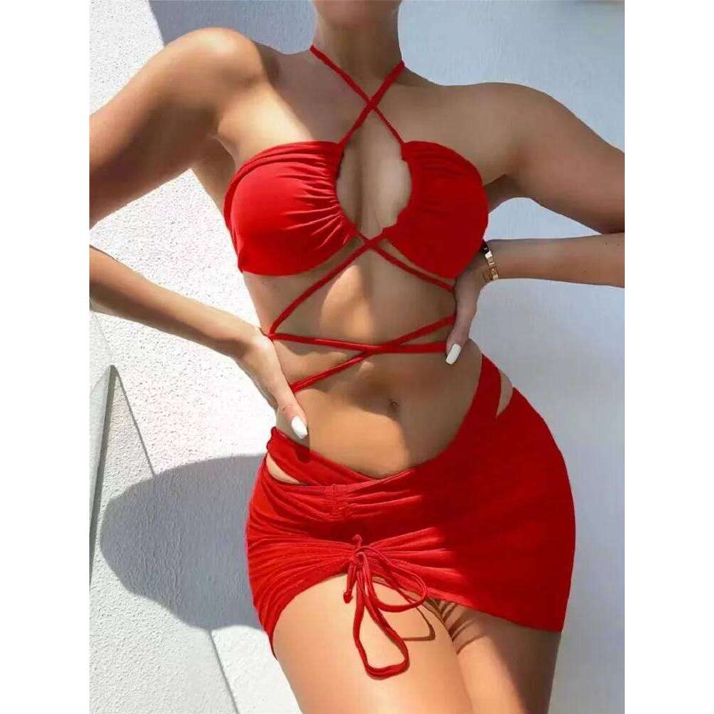 2023 New 3 Pieces Swimsuit Women High Waist Swimwear Sexy Lace Up Micro Bikini Set With Skirt Solid Beachwear Bathing Suit Z260206