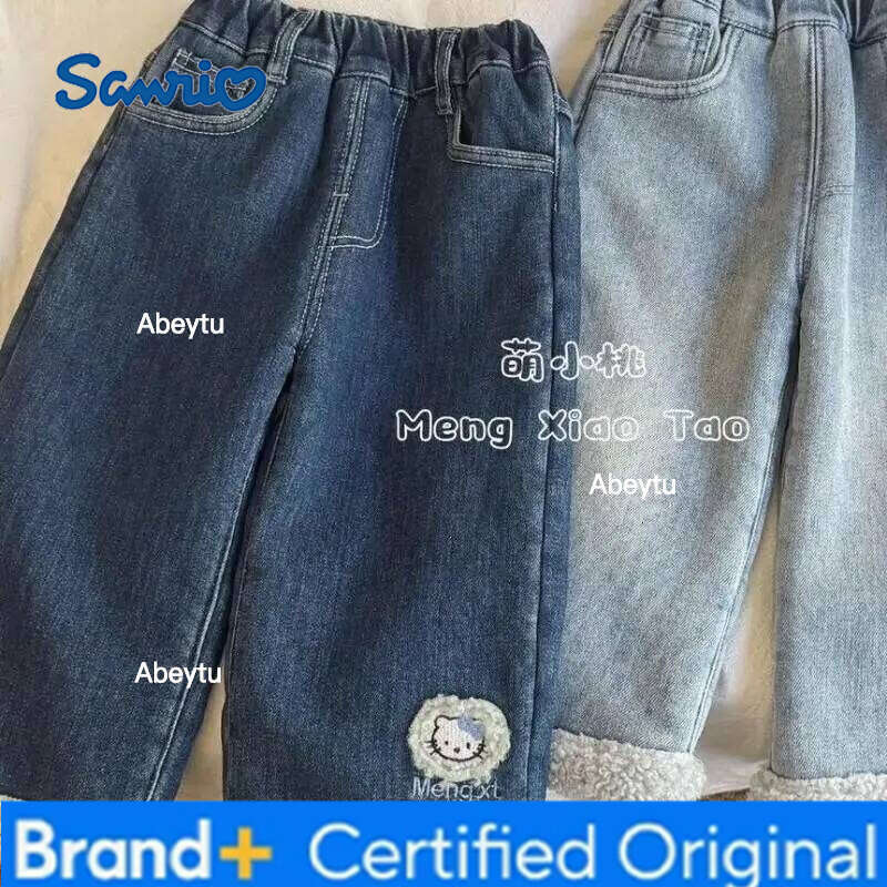 Sanrio Hello Kitty Alpaca Wool Fleece Lined Jeans for Girls and Children Autumn Winter Korean Style Sweet Fashion Denim Pants H260206