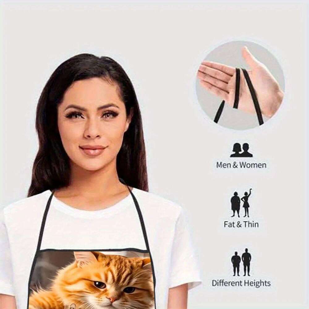 1pc Whimsical Cat Chef Apron - Playful Orange Tabby Cooking Design, Polyester, Short Sleeve, Lightweight, Ideal for Home Baking S260205