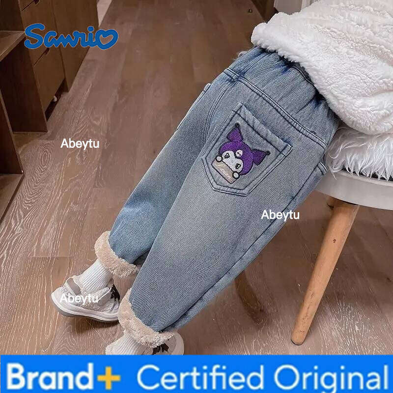 Sanrio Hello Kitty Kids Fleece Lined Thick Jeans 2025 Winter New Arrival Cute Warm Thermal Pants Cold Weather Fashion Trendy H260206