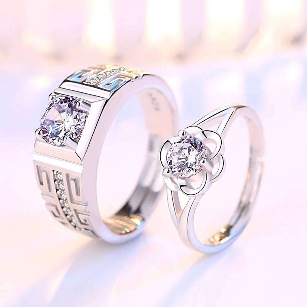 Simple Crystal Heart Couple Set Fashion Pair Opening Stainless Steel Wedding Rings Luxury Jewelry Gift Wholesale W260206