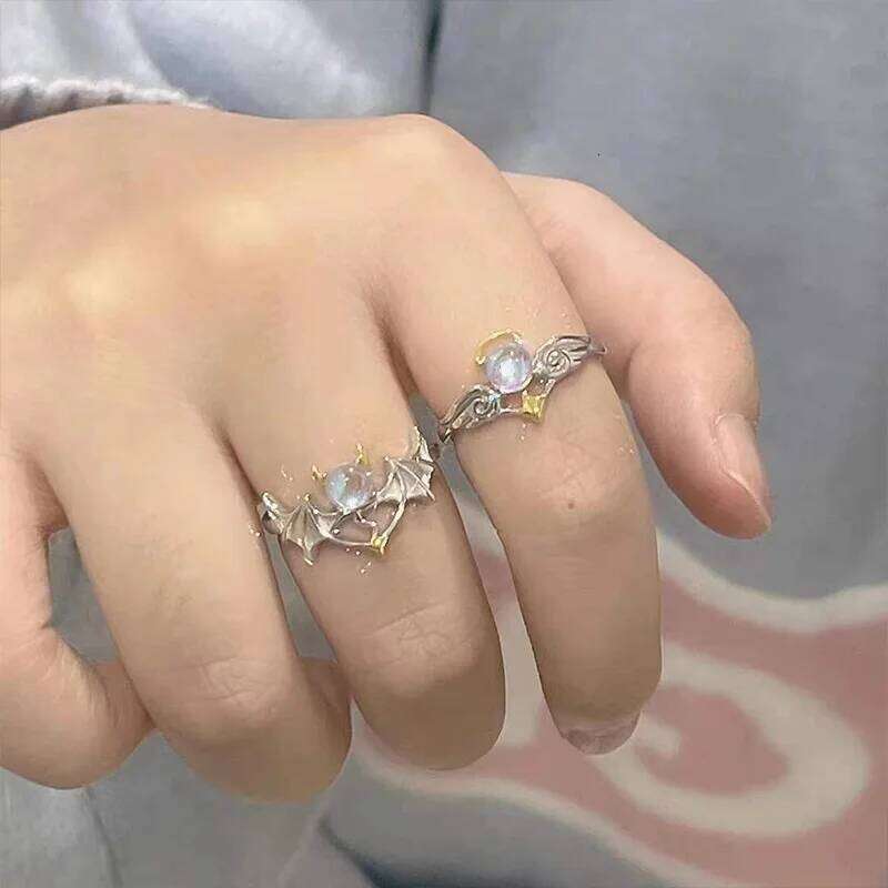 Romantic Angel and Demon Wings Couple Rings For Women Goth Fashion Moonstone Adjustable Opening Finger Men's Ring Party Jewelry W260206