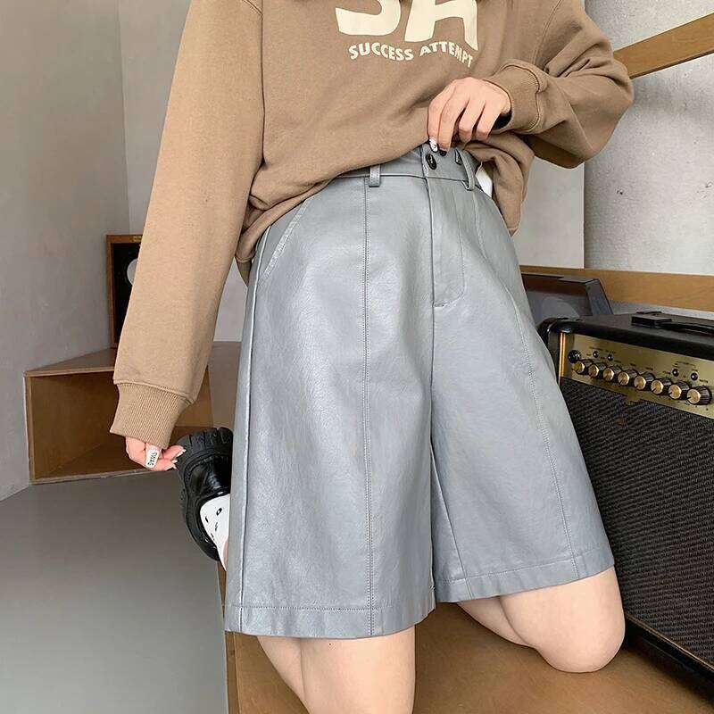 Autumn Winter PU Leather Women's Shorts Grey High Waist Buttons Elegant Korean Casual Loose Wide Leg Half Pants Female 2024 New XJ260206