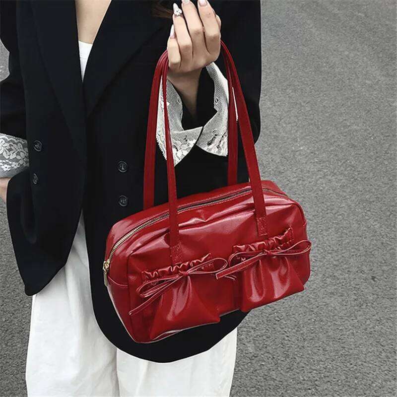 Chic Bowknot Leather Handbag Shoulder Bag, Multi-Color Stylish Totes Bags, Shiny, Versatile for Daily/Office/Date Outfits Y260205
