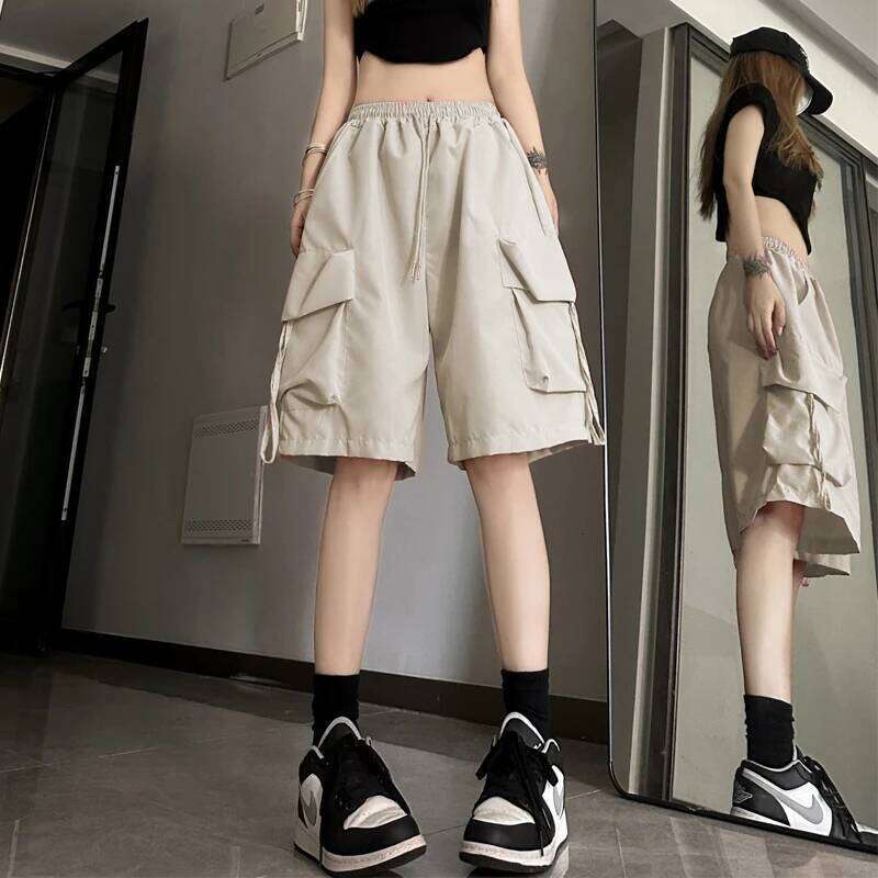 S-3Xl Y2K Cargo Women Harajuku Black Oversized Wide Leg Shorts Summer Streetwear Fashion High Waist Baggy Short Pants New C260206