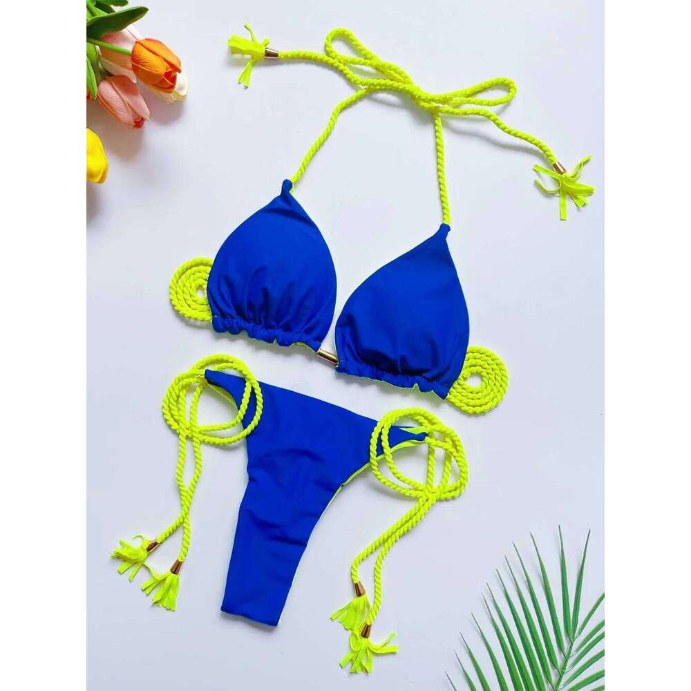 2025 Sexy Solid color Two-piece Triangle Swimwear Women Swimsuit Braiding rope Bikinis Set Beach Bathing Suit Brazilian Biquinis Z260206