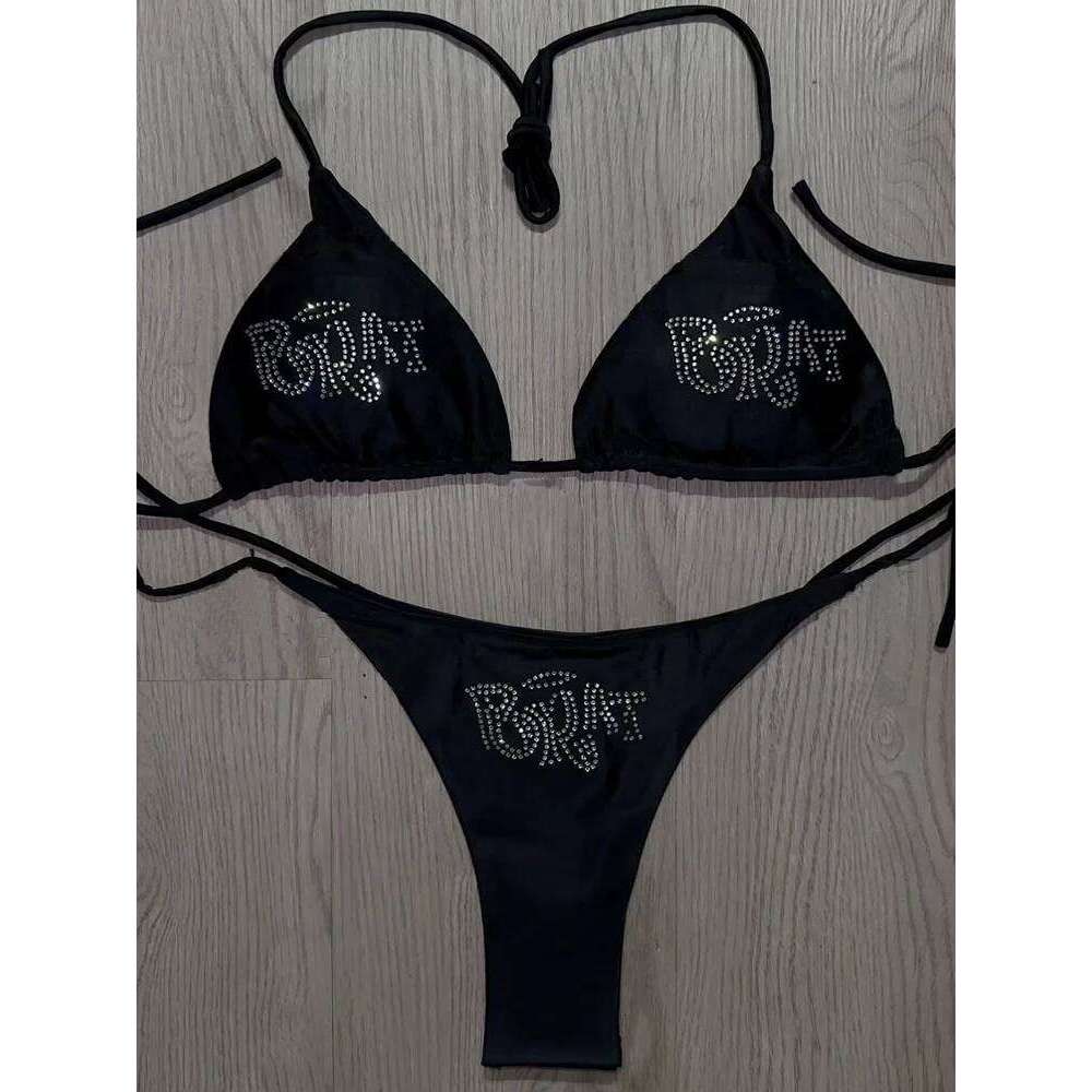 2000s Woman Punk New Beach Swimwear gothic clothes BRAT Rhinestone printing Grunge Swimsuit Bikini Y2K Bathing Suits Lace Up Z260206