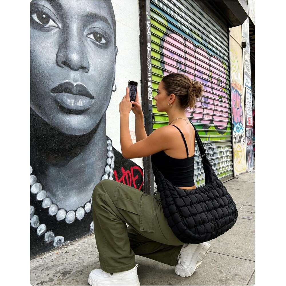 Crossbody Hobo Bag With Adjustable Strap Quilted Puffy Purses For Women Fluffy Compact Shoulder Handbag