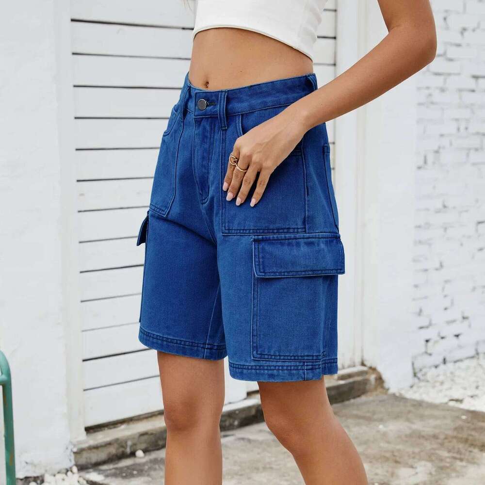 Shorts Cargo Pants Women Jeans Mid Waist Distressed Washed Multiple Pockets Straight Knee Length Streetwear Denim Short Trousers C260206