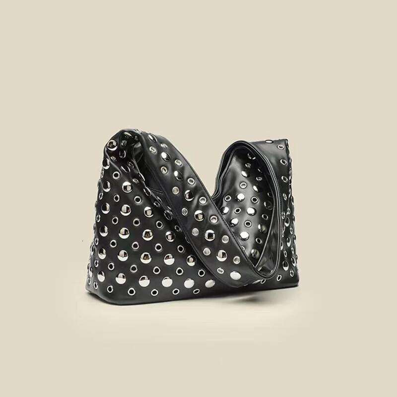 2025 Women's New Round Dot Rivet Shoulder Handbag Fashion Bucket Solid Color Underarm Bag Y260205