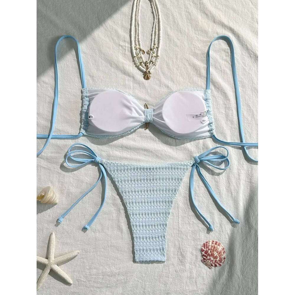 Sexy Sky Blue Micro Bikini 2026 Women Metal Starfish Ornament Pleate Push Up Tie Side Thong Swimsuit Beach Bathing Suit Swimwear Z260206