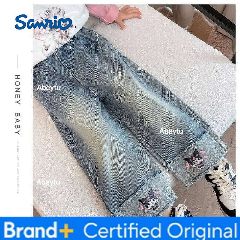 Sanrio Kuromi Girls Jeans Spring Autumn New Wear Outside Kawaii Cartoon Trousers Leisure Wide Leg Pants H260206