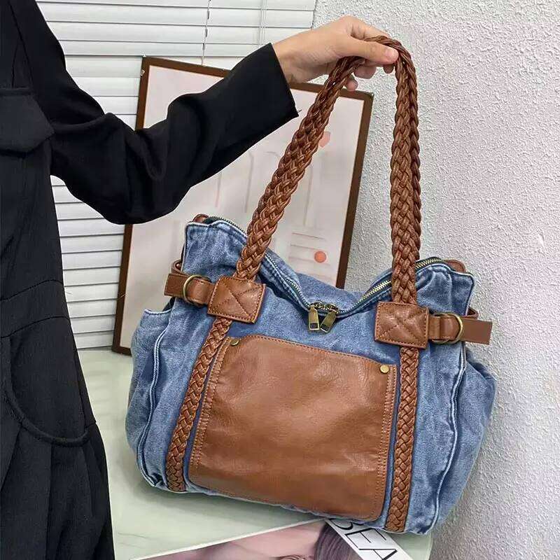 Washed Denim Shoulder Bag,Women Large Capacity Vintage Tote Bag,Effortless Chic Casual All-Match Contrast Color Splicing Handbag Y260205