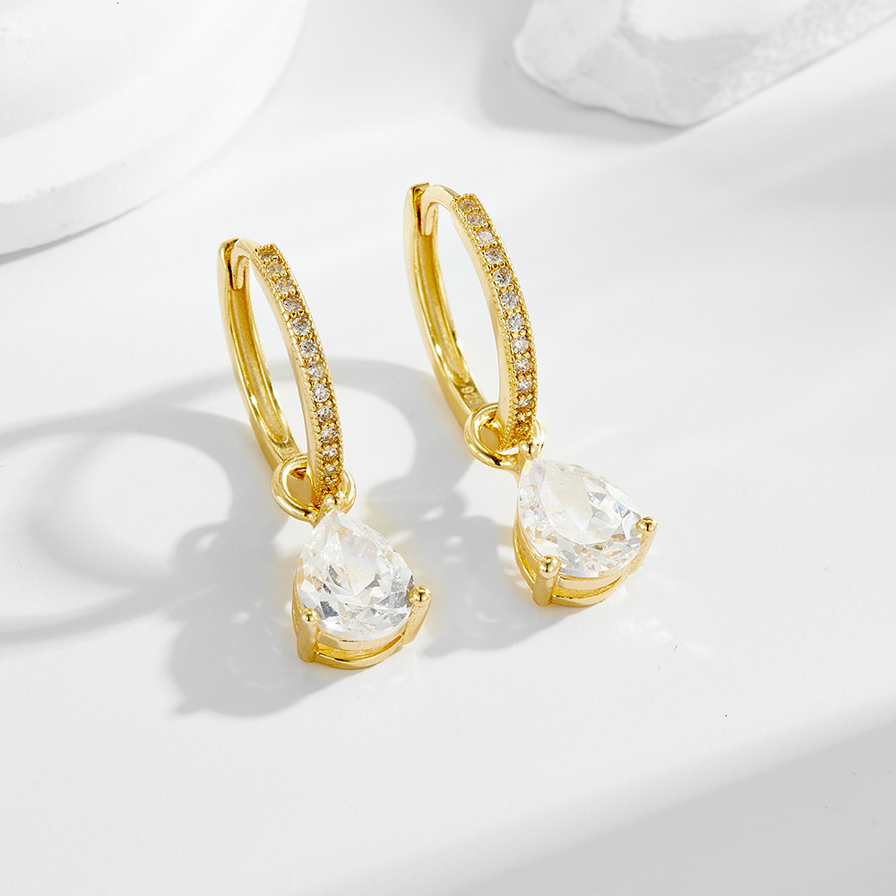 S925 Sterling Silver Retro Water Drop Zircon Light Luxury Ins Simple Exquisite Ear Hooks Earrings