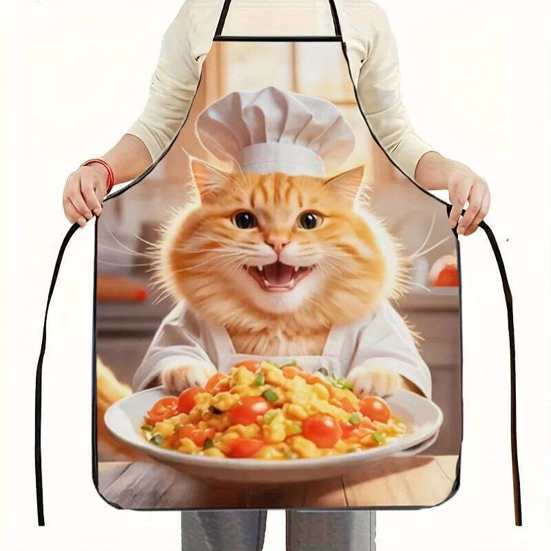 1pc Funny Cooking Chef for Men & Women - Polyester Kitchen with Cute Ginger Design, Cat Apron S260205 80d
