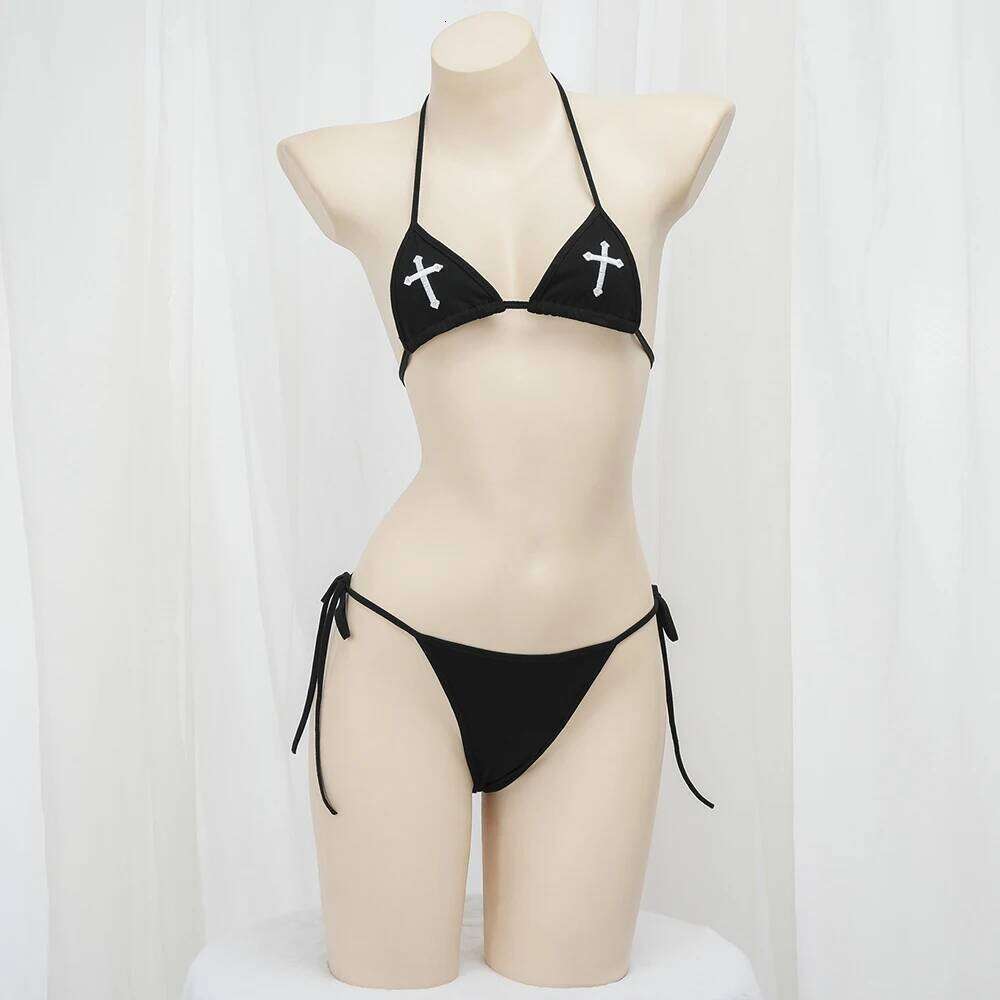 Sexy Bikini 2024 Women Cross Embroidery Split Bathing Suit Underwear Lingerie Goth Swimsuit Low Waist Bikinis Beach Swimwear Z260206