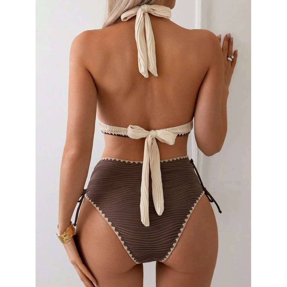 Sexy Khaki Patchwork Two Piece Bikini Set 2026 Women Push Up Drawstring Side High Waist Swimsuit Holiday Bathing Suit Swimwear Z260206
