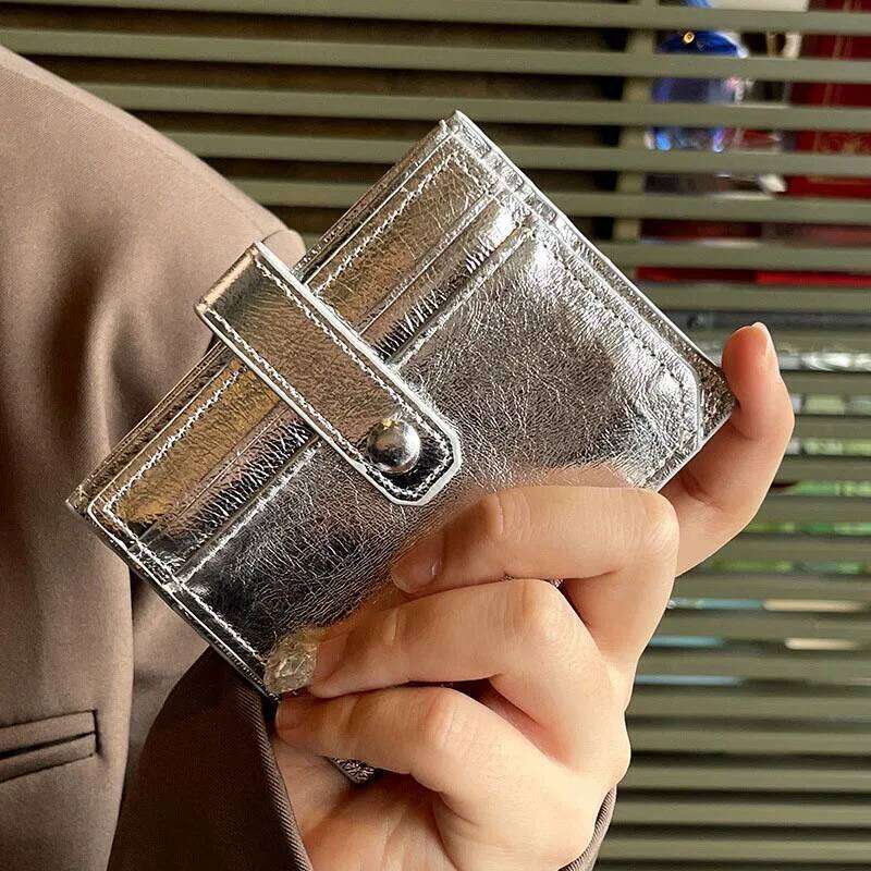 Leather Card Holder Women'S Ultra-Thin Mini Buckle Coin Purse Portable Wallet Silver Cute Bank Credit Id Bag Multi-Card Slot Y260206