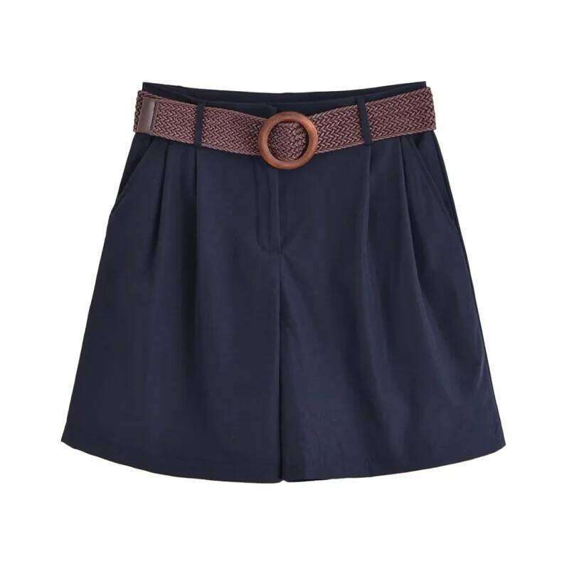 ETJ 2025 summer new women's holiday style fashion with belt loose version pleat five points casual shorts H260206