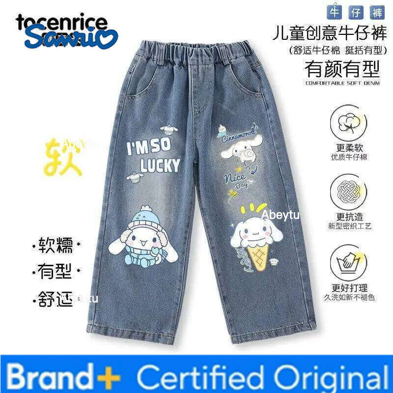 Sanrio My Melody Hello Kitty Kuromi Straight Cut Wide-Leg Jeans Girl Spring, Autumn, and Winter Thicken Pants Children Clothing H260206
