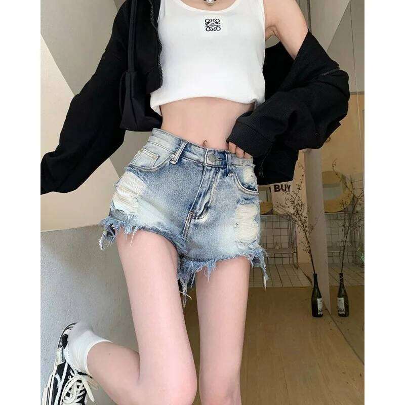 High Waist Distressed Denim Frayed Hem Slim Fit Casual Women's Jeans Shorts H260206