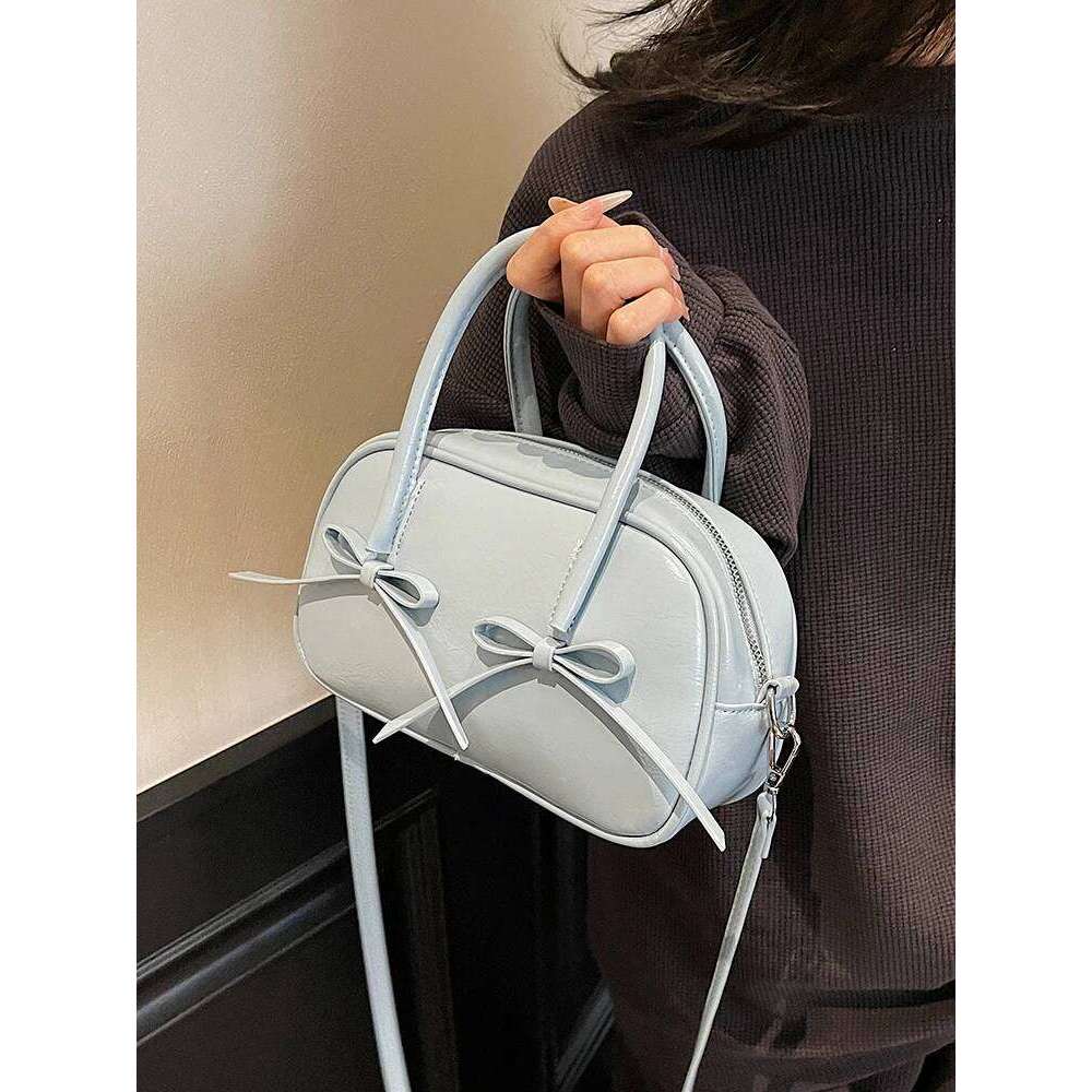 Sweet Bow Zipper Pink Handbag Women Summer New Korean Solid Oil Leather Commute Bowling Bags Fashion Versatile Crossbody Bag Y260205