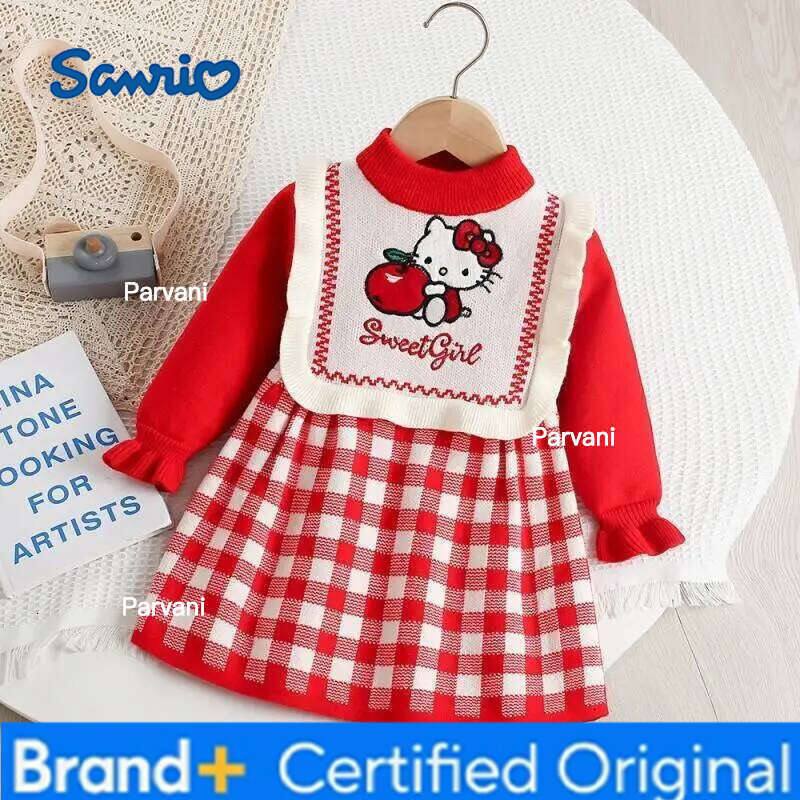 Sanrio Hello Kitty Sweater Knit Plaid Red Yarn Girls Spring Autumn New Style Cute Cartoon Fashionable Princess Dress H260206 - view 3