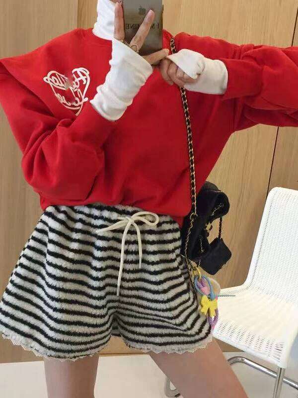 Korean Sle High Waist Thiened Lamb Fur Casual Pants Women's Autumn Winter Spor Dstring Plu ort Trousers XJ260206