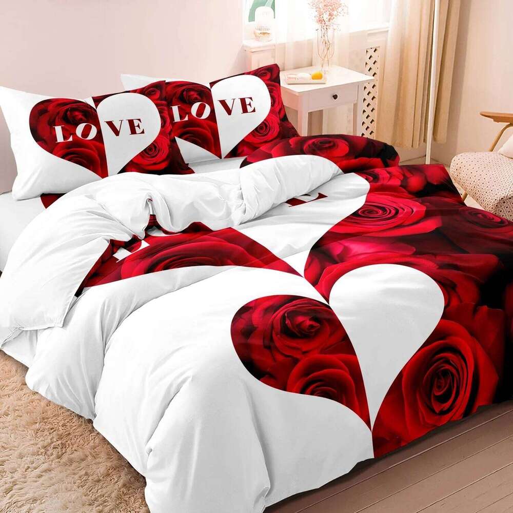 3pcs Red And White Heart Rose Lettering Print Bedding Set Romantic Design Soft Fabric Home Dormitory High-DefinitionDMQ181 XJ260206