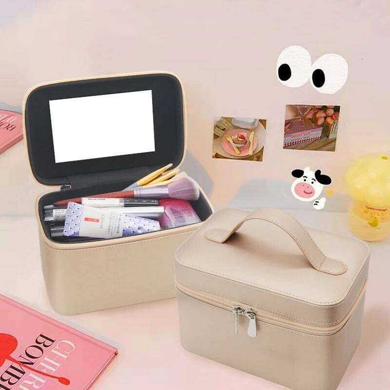Large capacity Ins style bag, portable travel handheld case, simple with mirror makeup storage bag Y260206