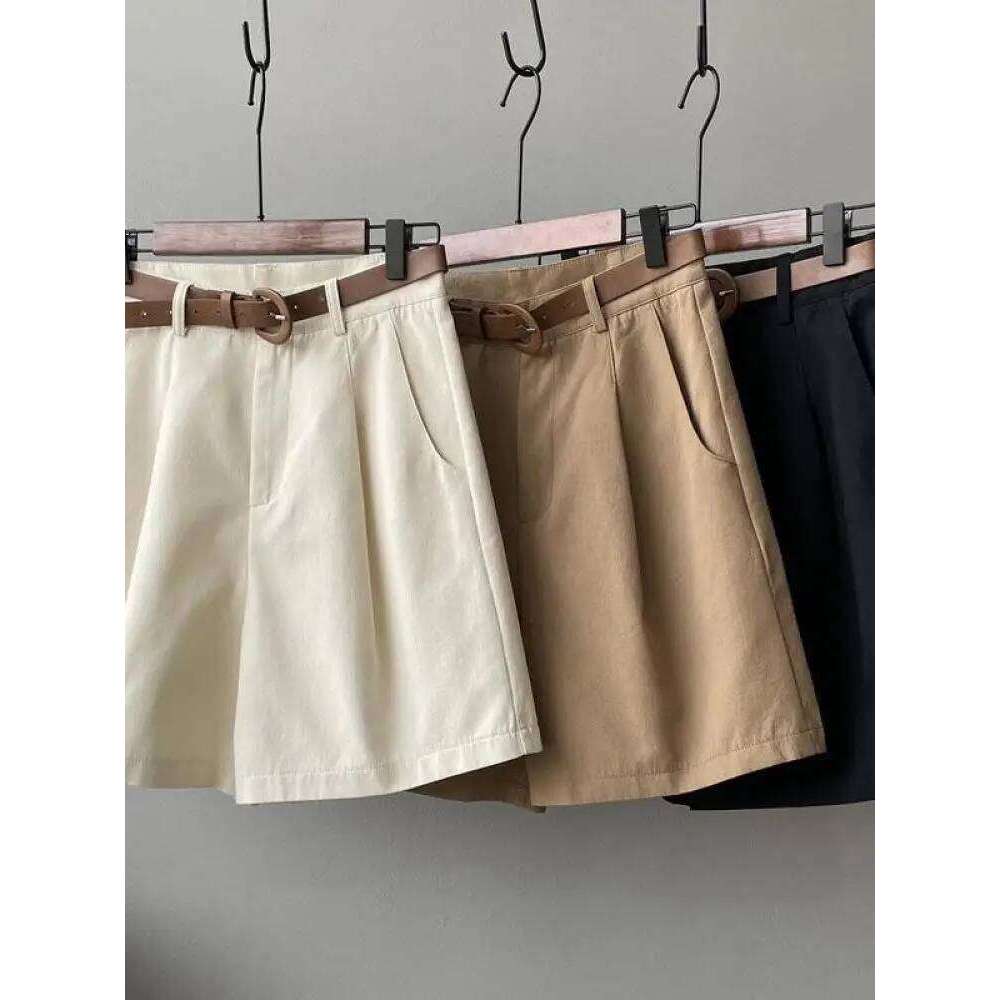 Belt Pure Cotton Women High Waist Wide Leg A Line Suit Shorts Office Lady Solid Loose Casual All Match Short Pants H260206