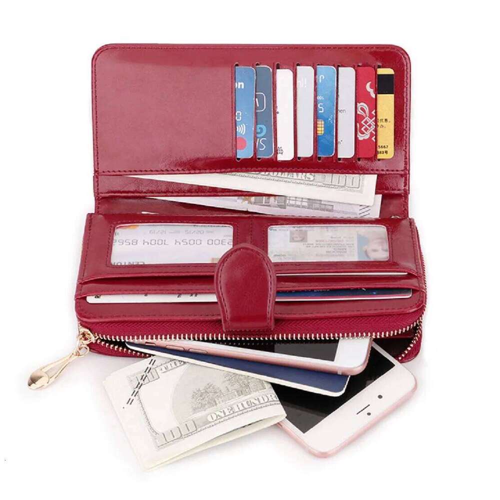 Bright shiny wax leather long wallet that can hold multiple cards, card bags, and comes with a wristband Y260206