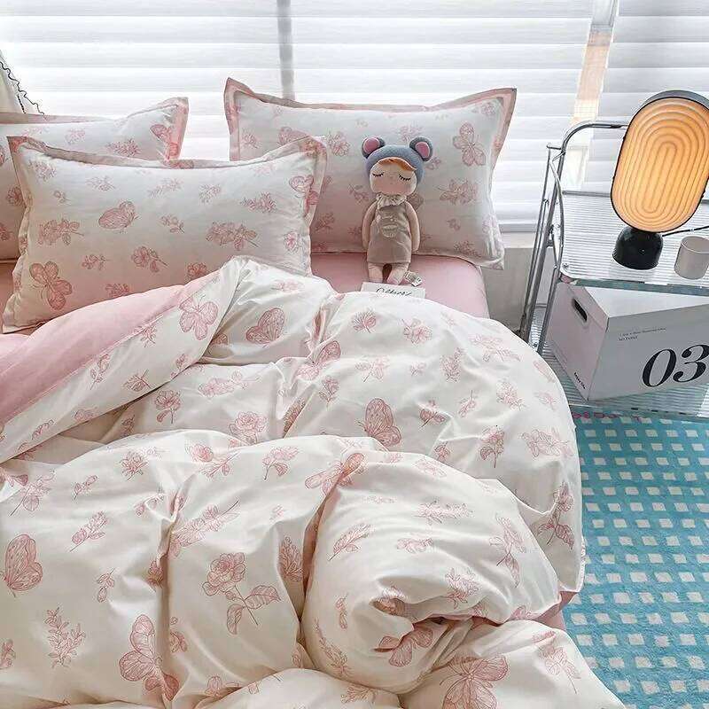 Pink Flowers Duvet Cover Ins Fashion Single Queen Size Girls Boys Flat Sheet Pillowcase No Filler Home Decor Bedding Set XJ260206