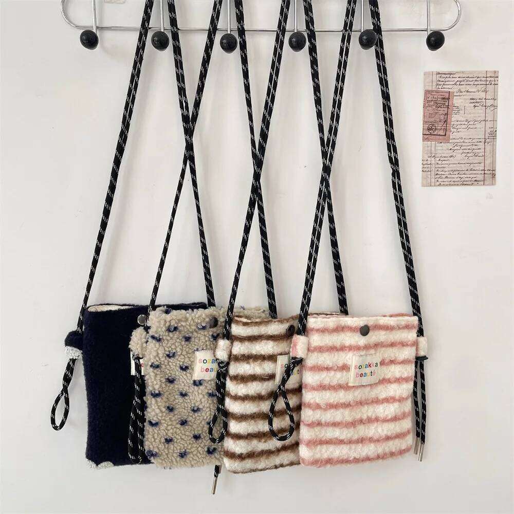 Women Crossbody Bag Striped floral Mobile Phone Cute Mini Wallets Plush Shoulder Bags 2025 Autumn Winter Coin Purse XJ260129