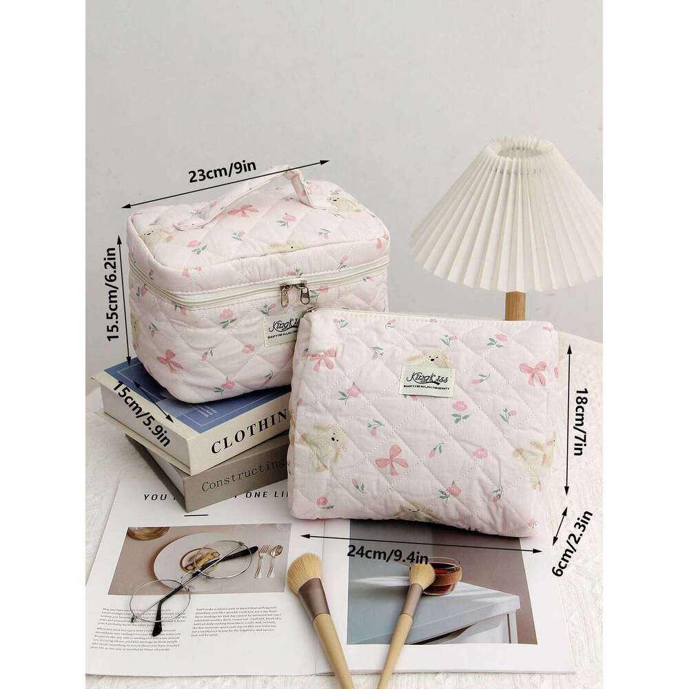 1pc/set Quilted Bathroom Storage Travel Essential Bag, Cute Bow Makeup Bag Y260206