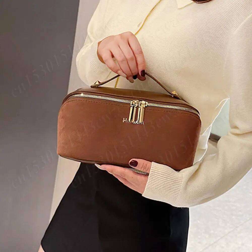 Women Suede Cosmetic Large Capacity Waterproof Pouch Dual Zipper Organizer Makeup Storage Bag Y260206