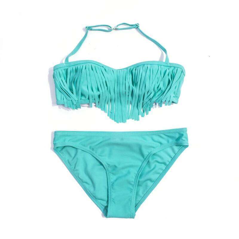 Tassle Solid Halter Girls Bikini Set Summer Beach Cute Teen Kids Swimwear Swimsuit Children Swimming Suit XJ260206
