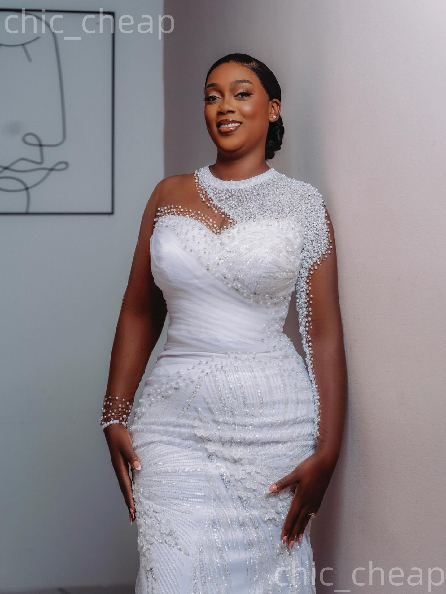 African Aso Ebi 2026 Ivory Mermaid Wedding Dress Sheer Neck Full Sleeves Beaded Floral Lace Vintage Charming Bridal Gowns Dresses ZJ2330