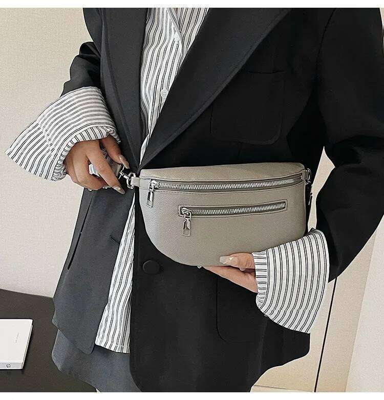 Women's Waist Multi-pocket Street Fanny Pack PU Leather Chest Fashion Wide Strap Crossbody Bag Retro Solid Shoulder Bags XJ260129