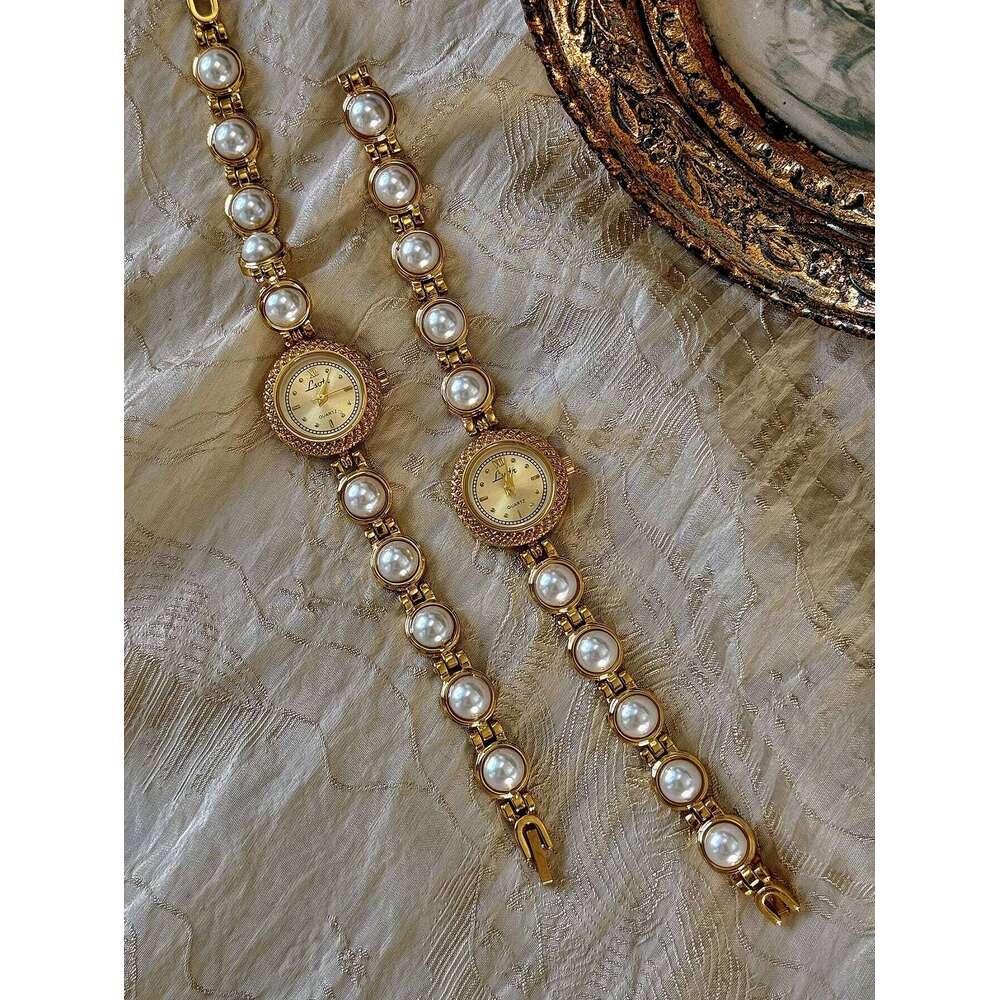 1 Piece of Gold French Fashion Elegant Pearl Strap Watch Palace Retro Bohemian Style 30m Waterproof Round Women's Quartz Watch, Suitable for Dail