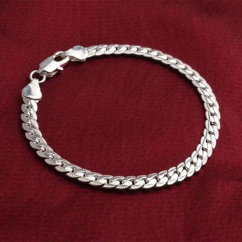 6mm 18cm Flat Side Chain Lobster Clasp For Woman Man Wedding Engagement Jewelry Silver Bracelet 26H0206