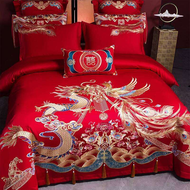 6Pcs Luxury Chinese Dragon Phoenix Embroidery With Tassel Wedding Bedding Set 100% Cotton Duvet Cover Bed Sheet Pillowcases XJ251225