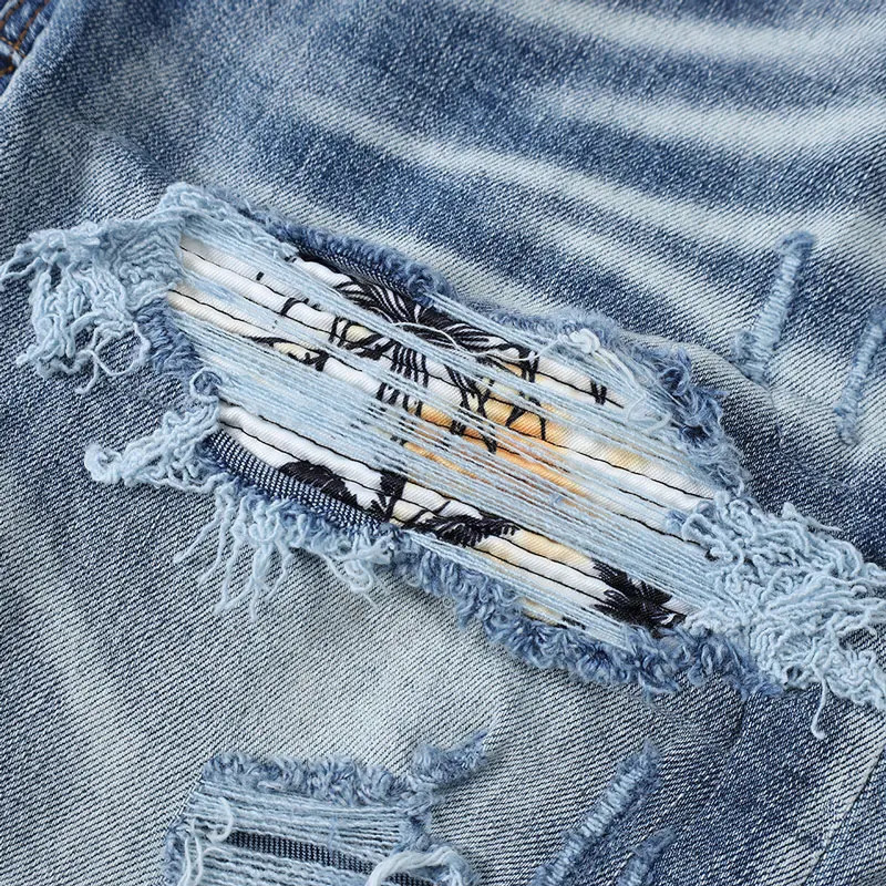 Y2Kner Street Fashion Boutique Mens Retro Light Blue Jeans Elastic Tight Patched Hip Hop Pants Hombre 260127