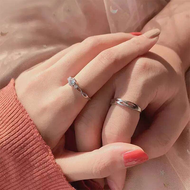 2Pcs Korean Fashion Simple Zircon Rings For Women Men Couple Goth Luxury Opening Finger Ring Lover's Jewelry Gifts W260206