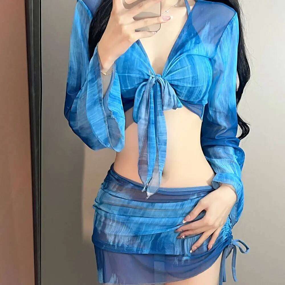 Casual Style Tie Dye Bikini 4 Piece Pleated Skirt Swimsuit Set Mesh Long Sleeve Lace-Up Crop Top Bathing Suit Beachwear Z260206