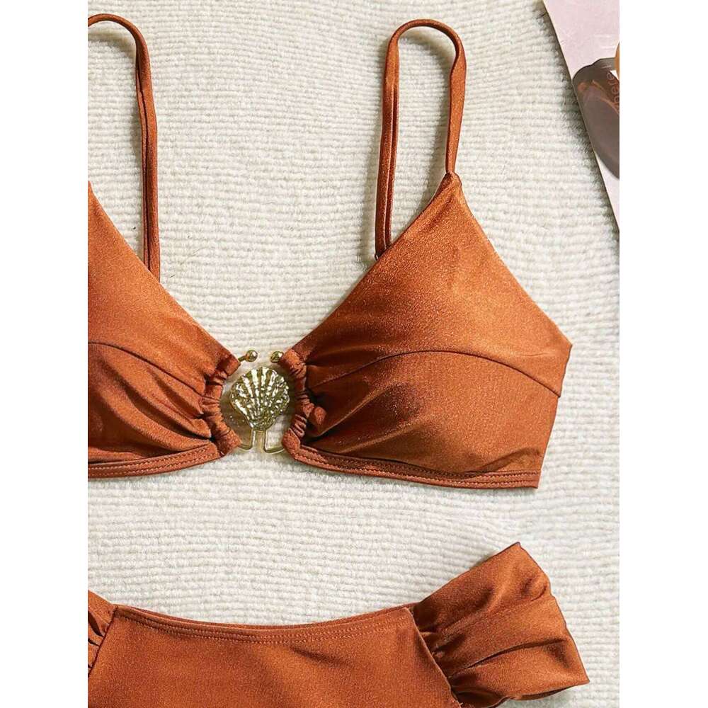 Sexy Pleate High Waist Bikini Set 2025 Women Orange Metal Buckle Push Up Two Piece Swimsuit Beach Bathing Suit Holiday Swimwear XJ260206