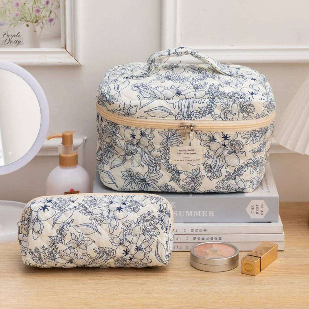 3 Pcs Makeup Set Checkered Cosmetic Large Capacity Travel Toiletry Organizer Quilted Cotton Women Zipper Storage Bag Y260206