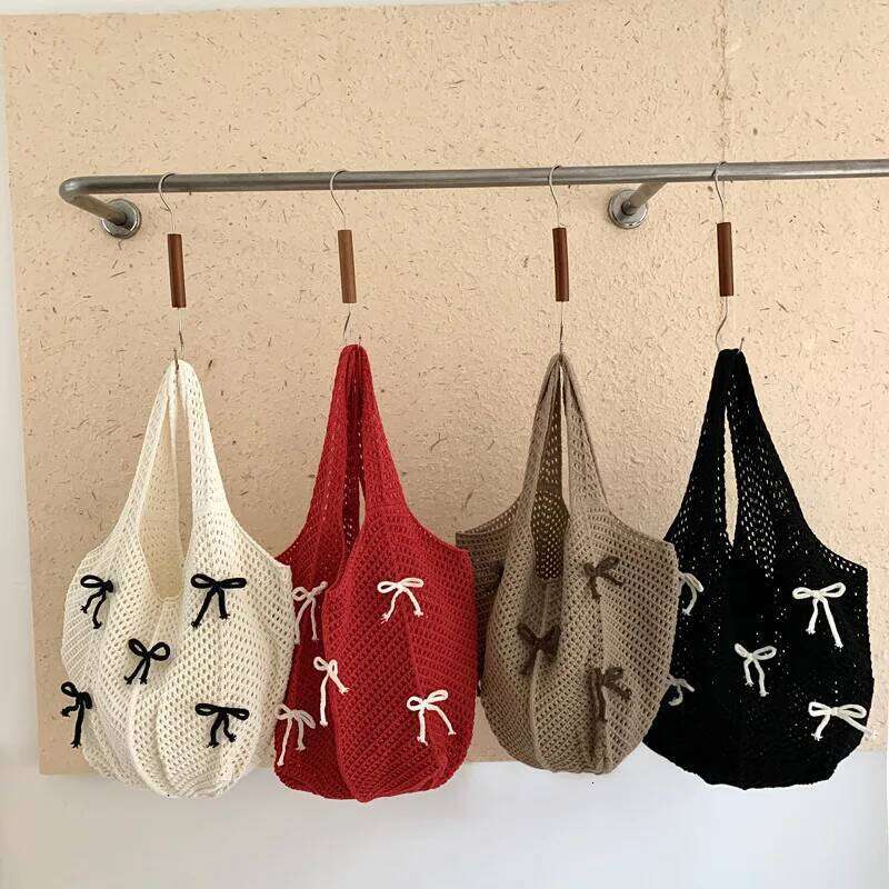 Knitted Bag Bow Vintage Knit High Quality Woven Handbag Large Capacity Daily Wear Shoulder Ladies Hand Bags 2025 Y260205