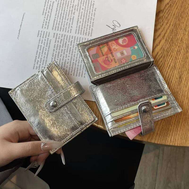 Credit ID Clip Handbag Clutch Bag Genuine Leather Short Wallet Korean Fashion Silver Cowhide Small Coin Purses Card Holder Y260206